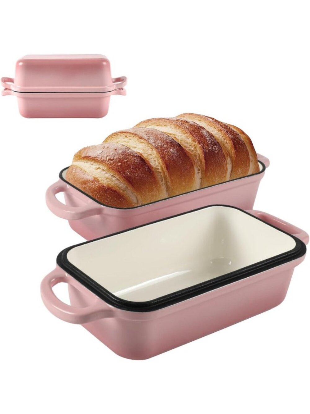 Enameled Cast Iron Bread Pan with Lid - 9x5 Inch Pink Loaf Pan for Baking